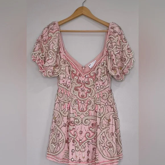 NWT ASOS Luxe pearl embellished puff sleeve caged mini dress in pink Sz 6(US) - Picture 10 of 16